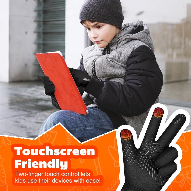 OOPOR Kid Winter Gloves with Grip - Boy Girl Wram Thermal Ski Touch Screen Bike Mittens Black 6-12 Year - Image 3